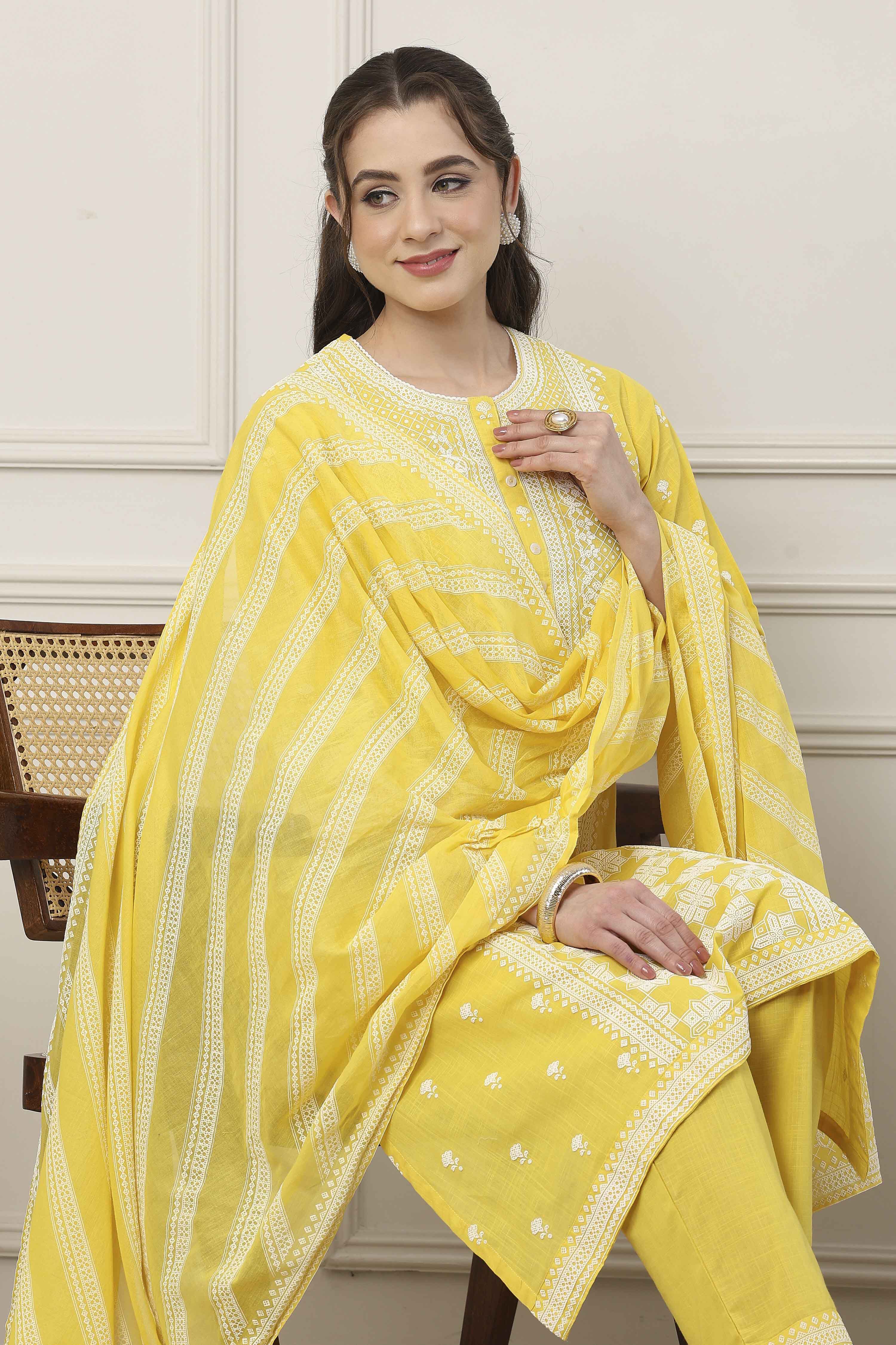 Yellow Cotton Floral Embroidered Straight Suit Set image number 7