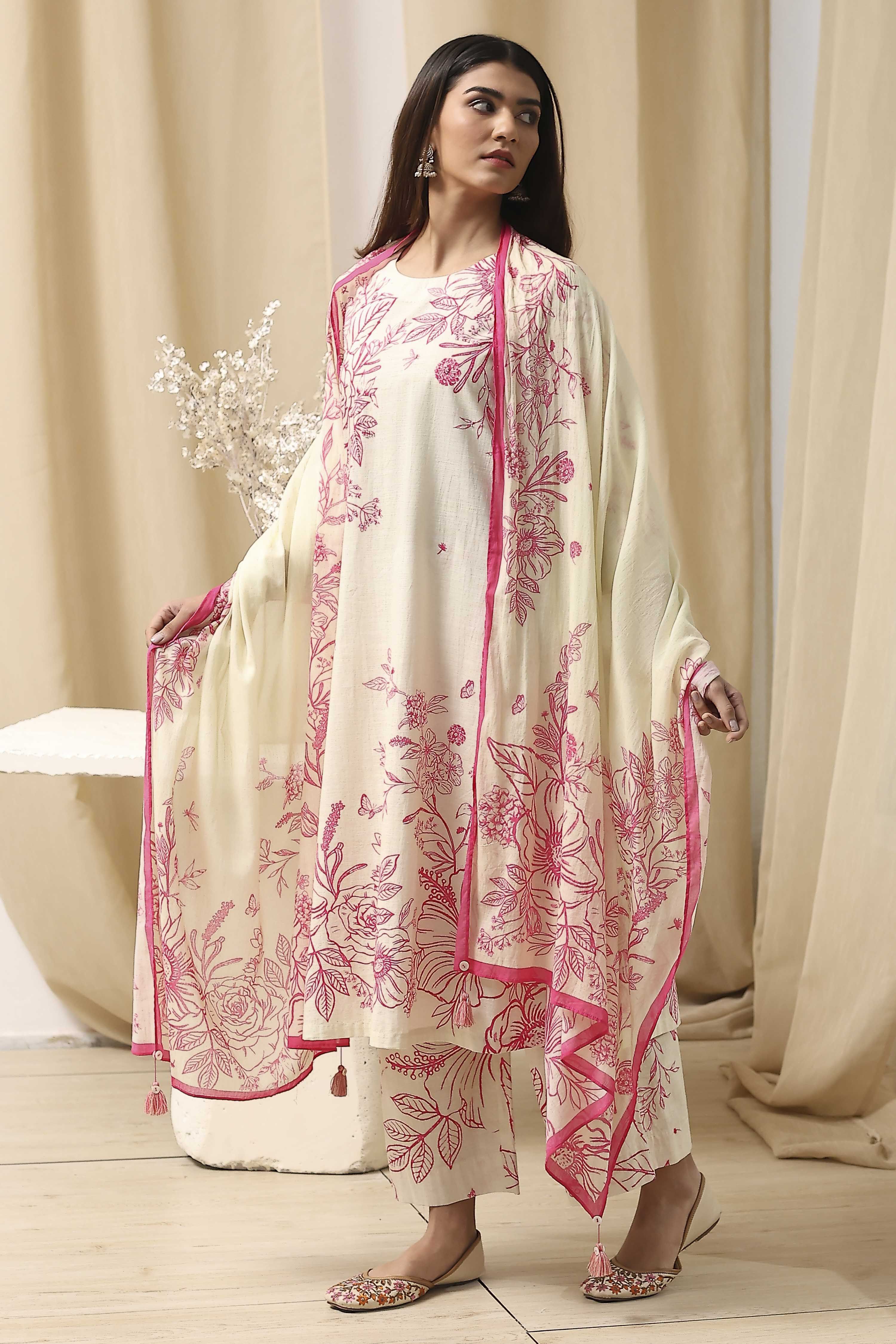 Off-White and Blue Cotton Straight Suit Set image number 3