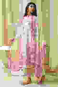 Off-White and Pink Cotton Straight Suit Set image number 3