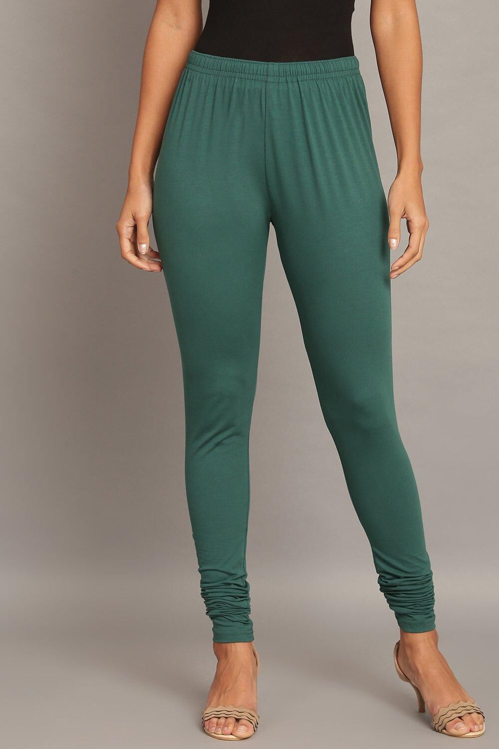 Green Solid Knitted Churidar image number 2