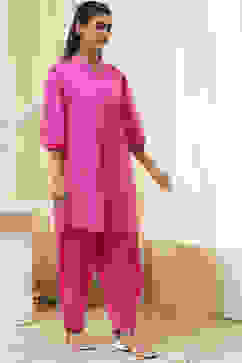 Pink and White Cotton Pathani Straight Kurta Set image number 6
