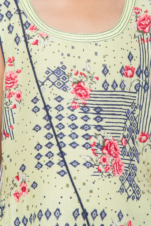 Green Cotton Asymmetric & Sling Bag Printed Dress image number 1