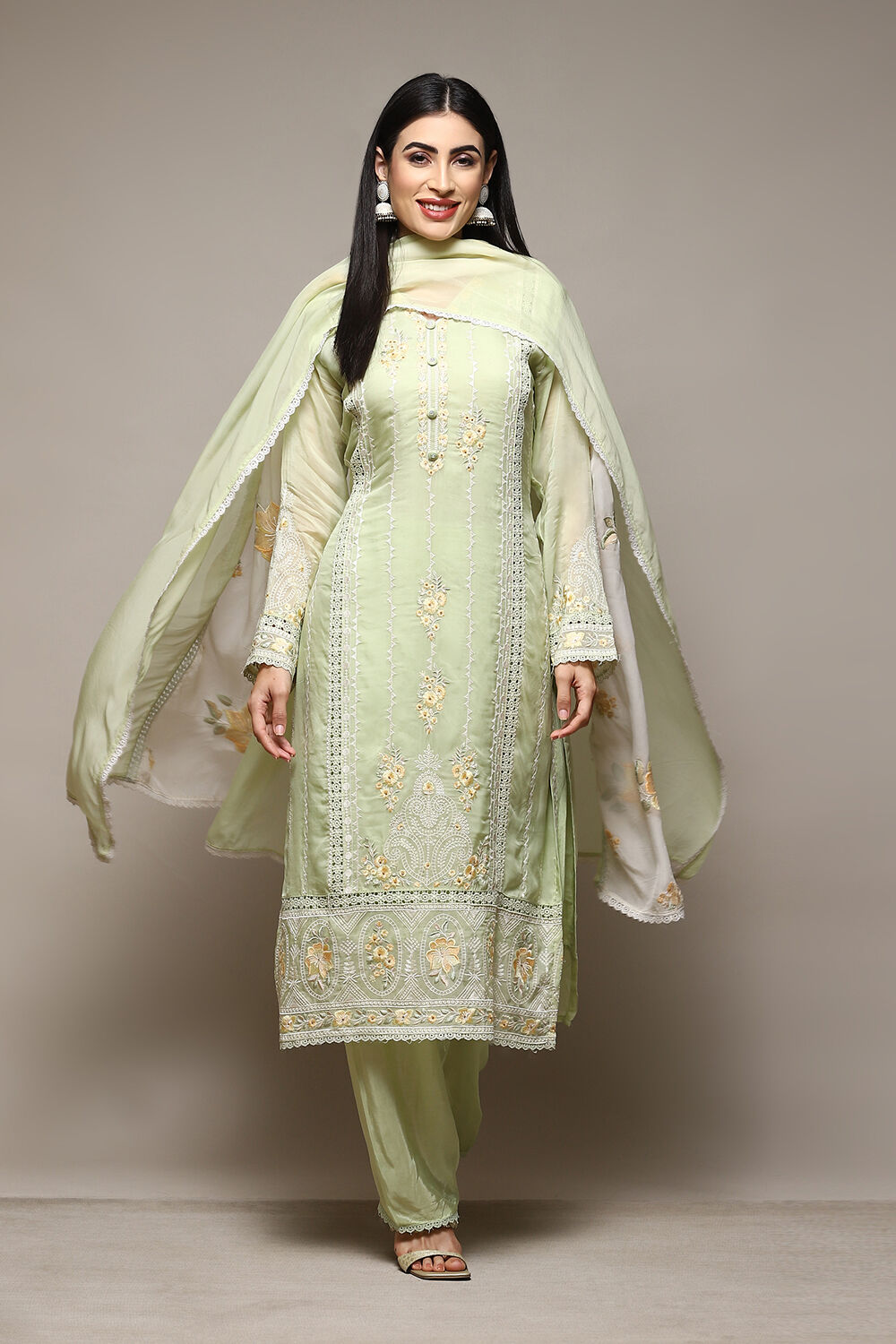 Light Green Organza Digital Print Unstitched Suit Set image number 1