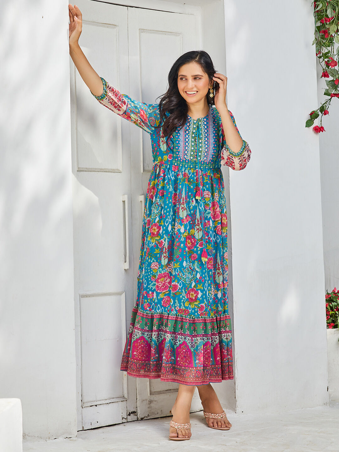 Teal Polyester Tiered Printed Dress image number 0