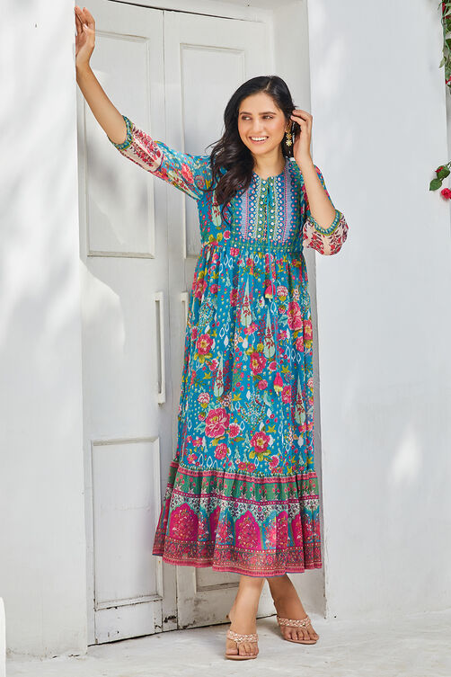 Teal Polyester Tiered Printed Dress image number 0