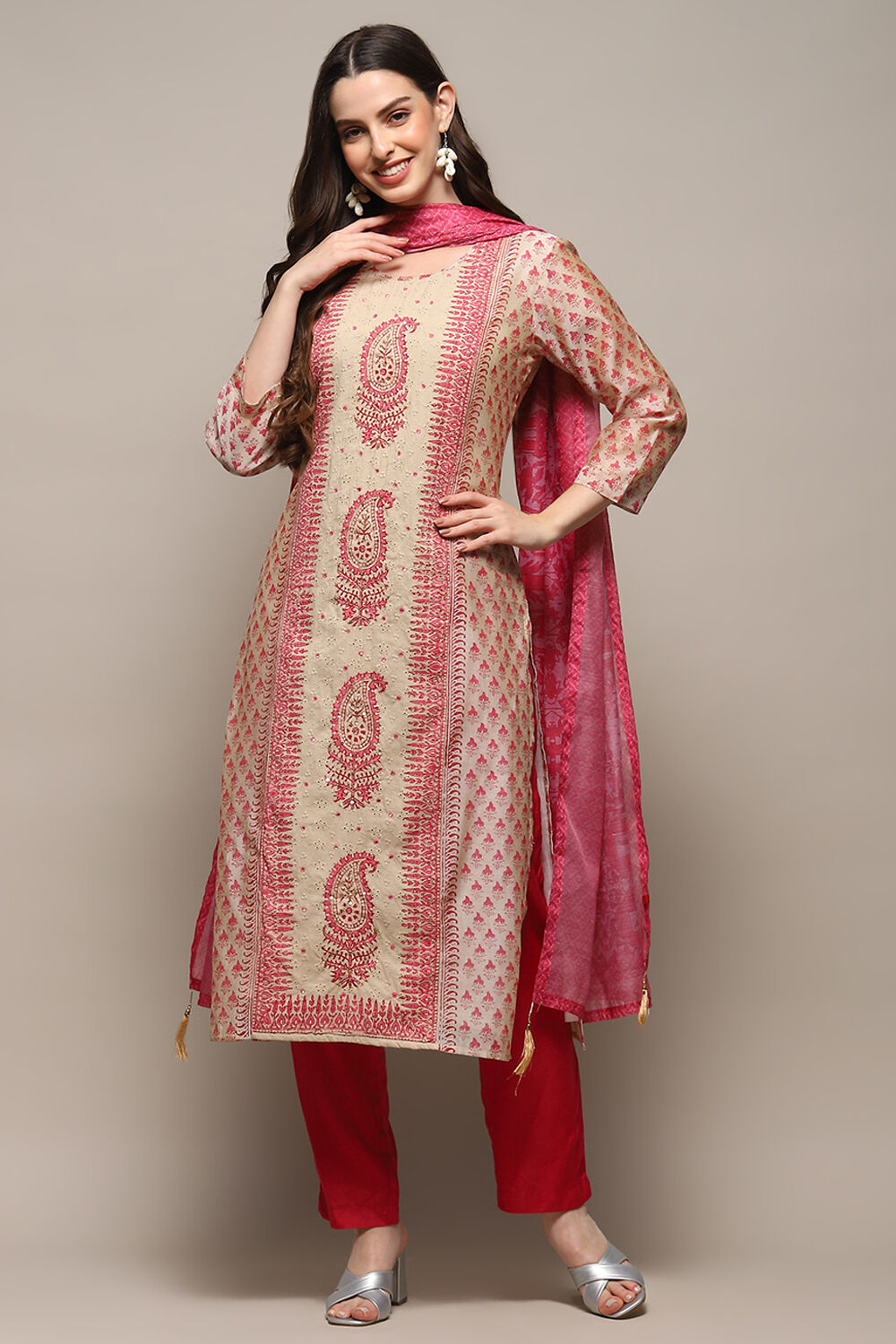 Beige Pink Chanderi Unstitched Suit set image number 8