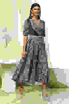 Indigo Cotton Printed Flared Wrap Dress image number 4