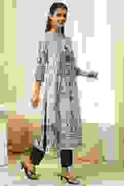 Off-White and Blue Cotton Straight Kurta image number 4