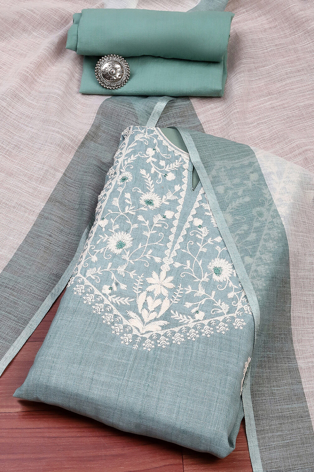 Teal Cotton Embroidered Unstitched Suit Set image number 0