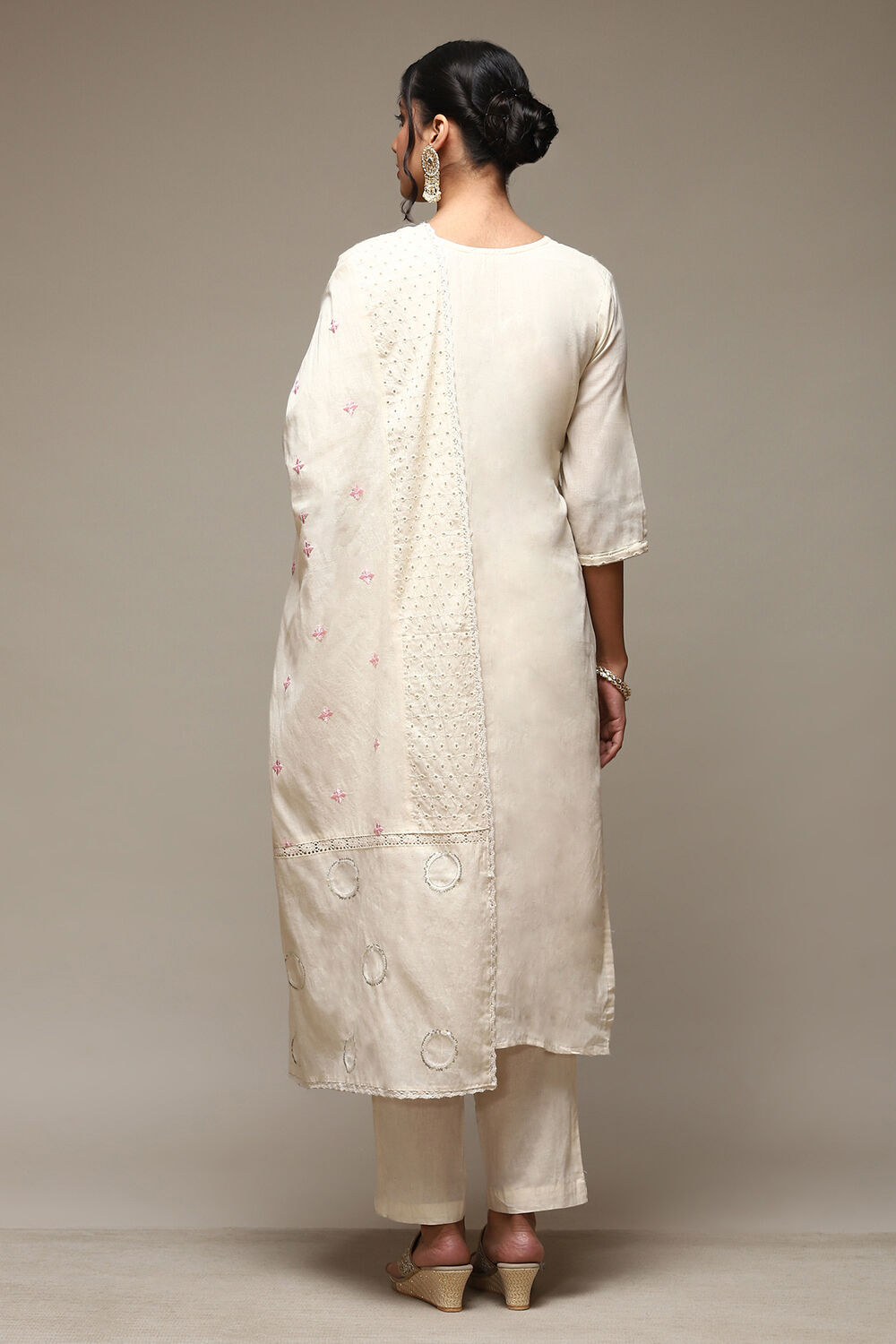 Off White Cotton Schiffly Unstitched Suit Set image number 6