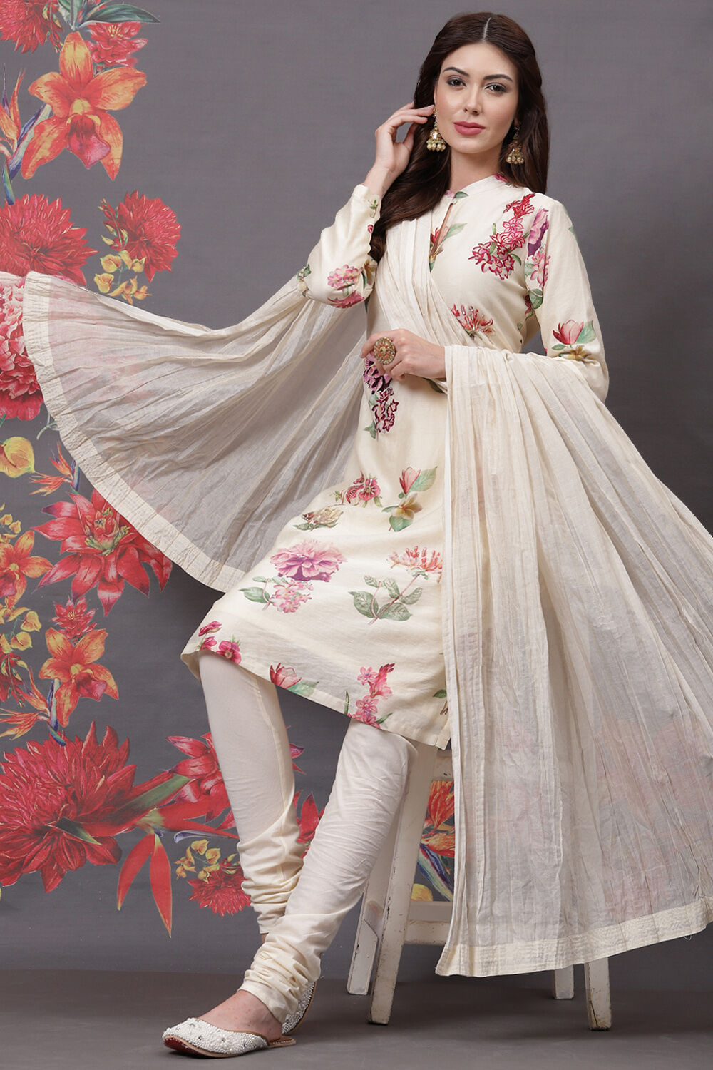 Rohit Bal Off White Cotton Silk Straight Printed Suit Set image number 7