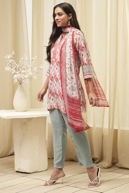 Off White Art Silk Straight Kurta Pant Suit Set image number 3