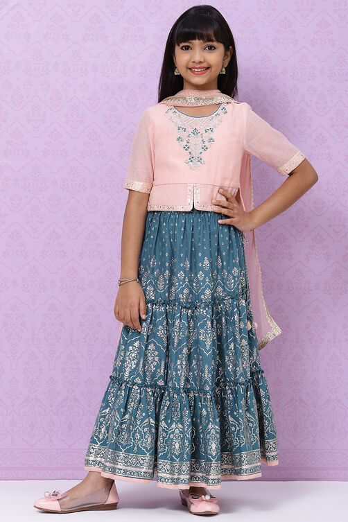 Peach And Teal Straight Poly Cotton Girls Lehenga Set image number 4