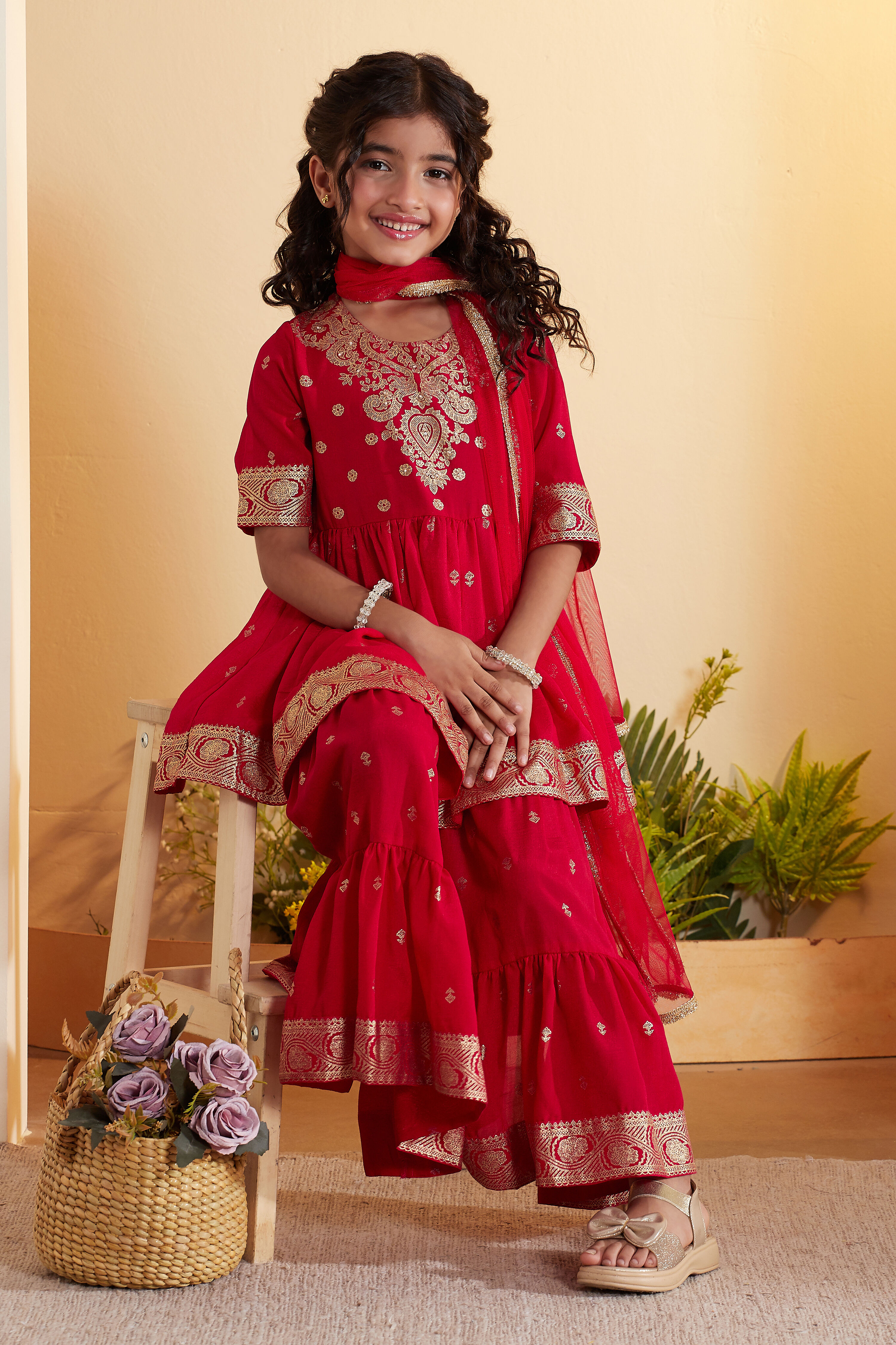 Red Ethnic Motifs Garara Kurta Set image number 0