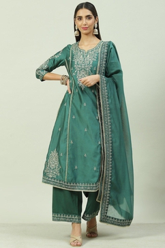 Dark Green Cotton Blend A-Line Kurta Palazzo Suit Set image number 7
