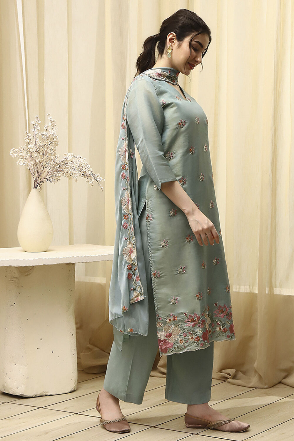 Teal Tissue Machine Embroidered Unstitched Suit Set image number 6