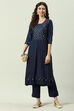 Navy Printed Rayon Straight Kurta Regular Pants Suit Set