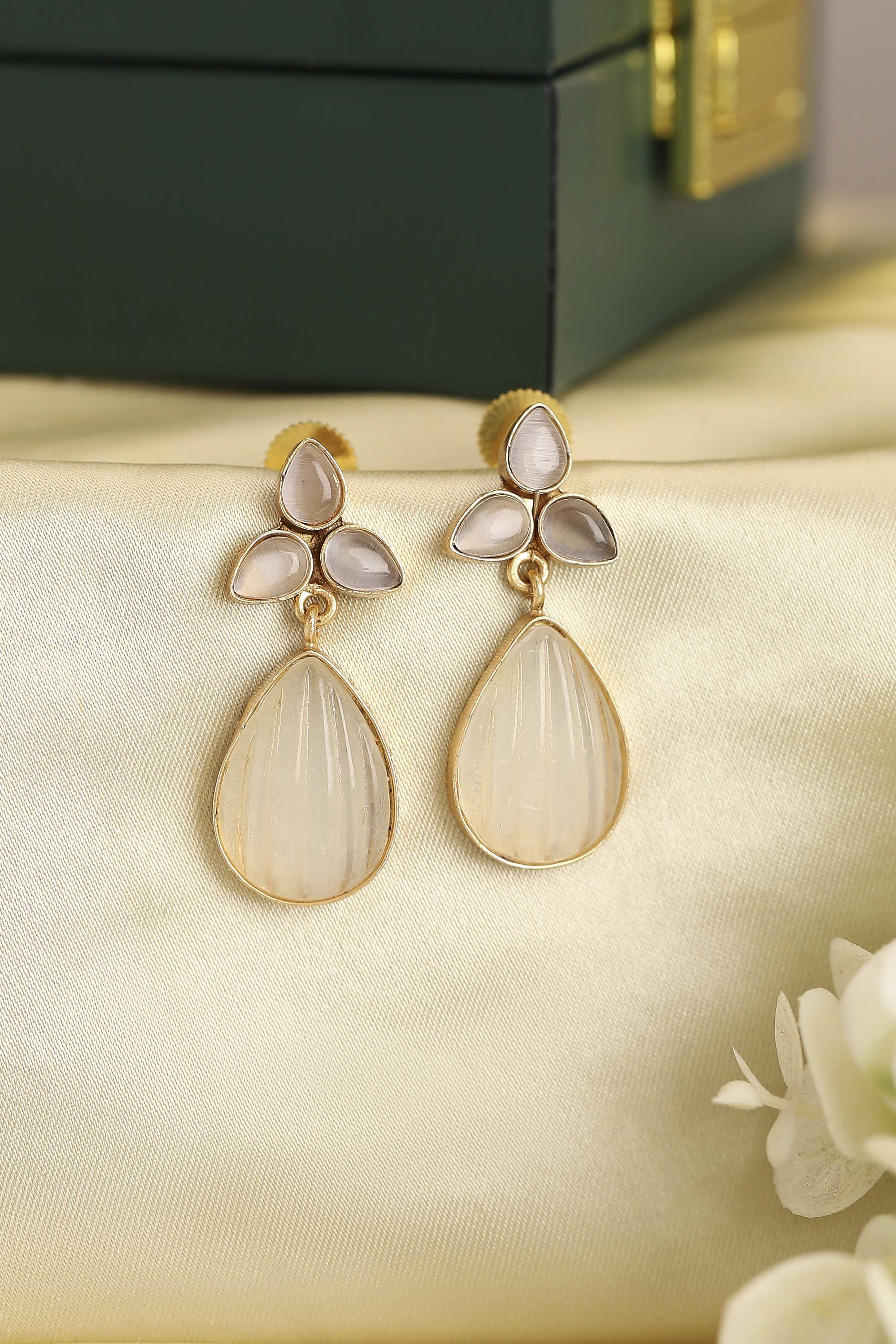 White Gold Plated Brass Studded Drop Earrings image number 0