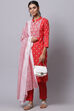 Red Cotton Unstitched Dress Material Suit Set image number 5