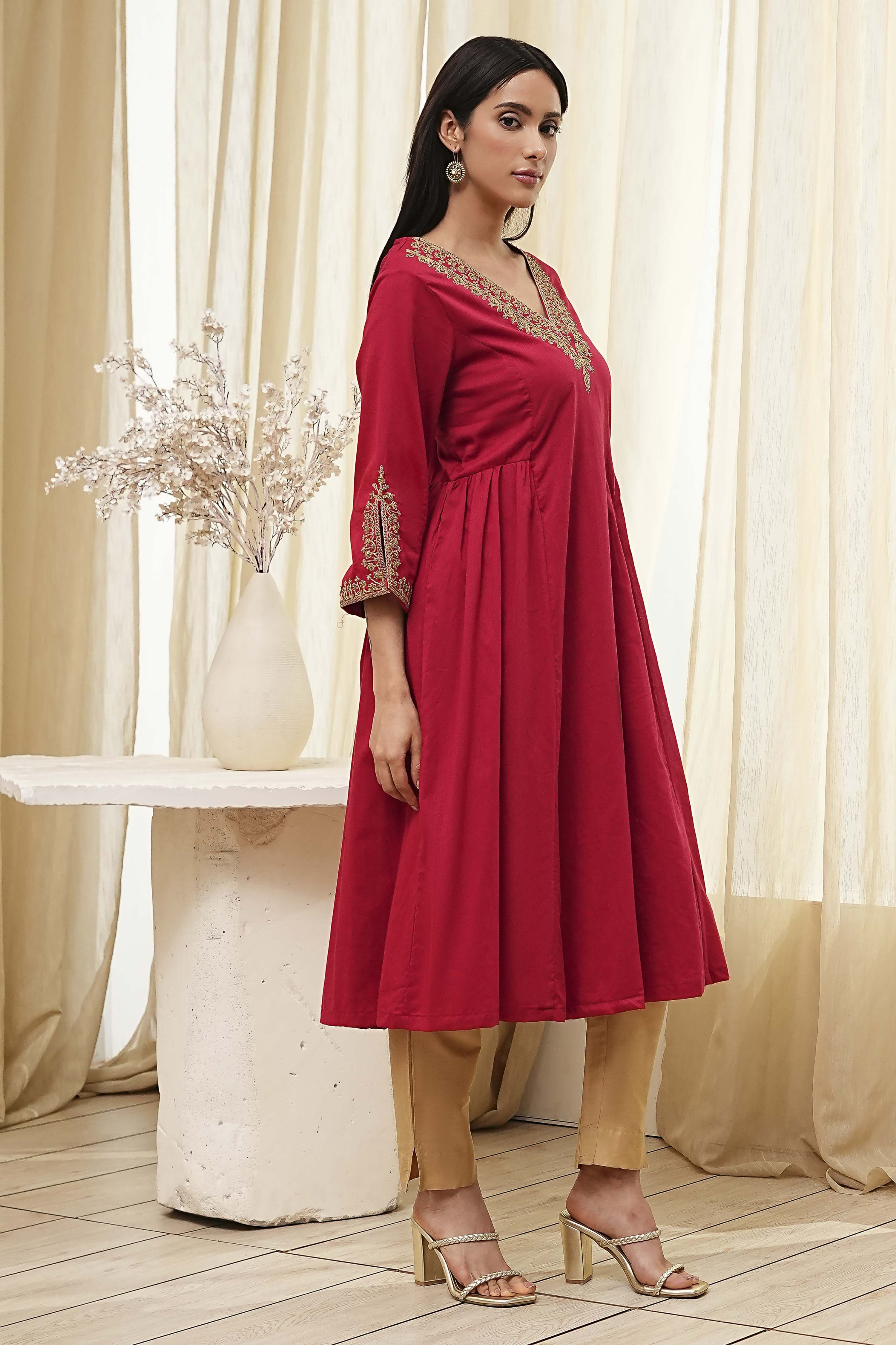 Red Cotton Solid A-Line Kurta image number 4