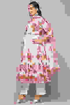 Off White Cotton Anarkali Suit Set image number 4