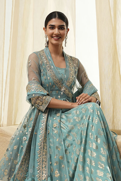 Coral-Pink Polyester Blend Anarkali Lehenga Set image number 0