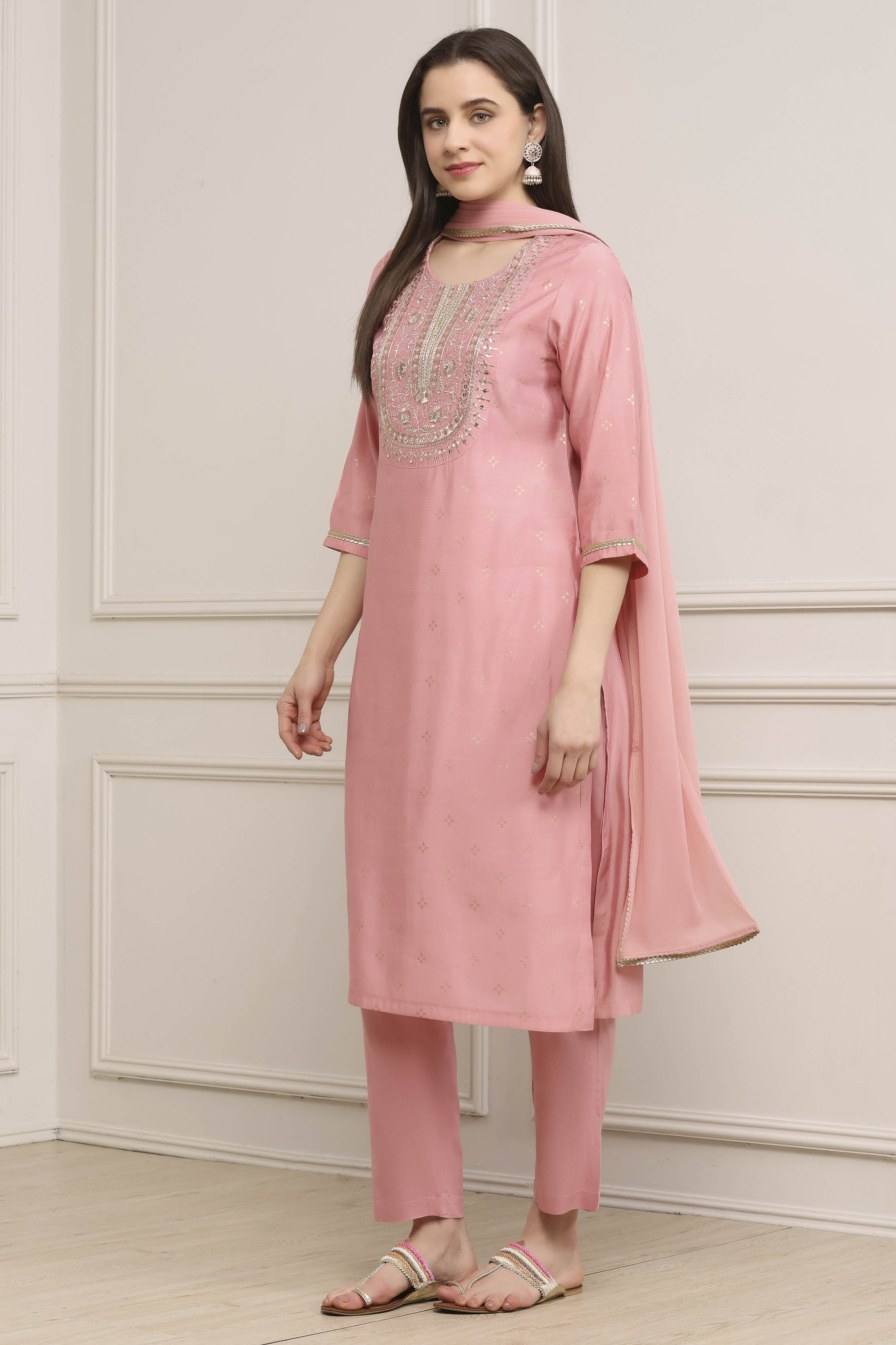Light Pink Viscose Rayon Straight Suit Set image number 3