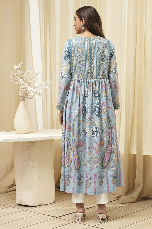 Dull Blue Cotton Printed Flared Kurta image number 3