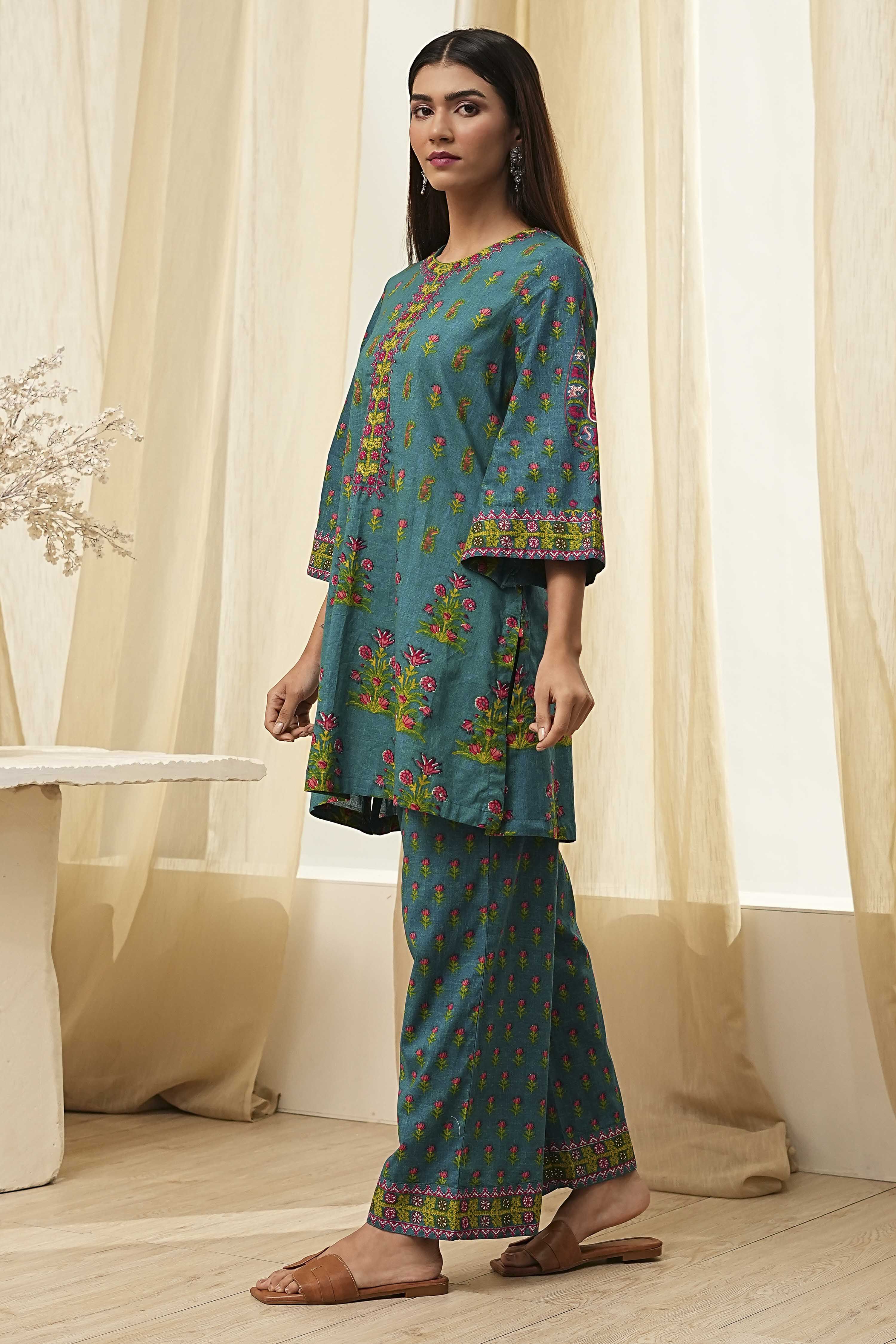Teal Cotton Printed Straight Kurta Set image number 3