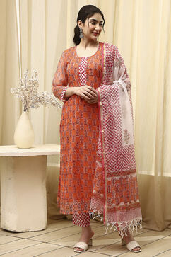 Coral Cotton Hand Block Print Unstitched Suit Set image number 1