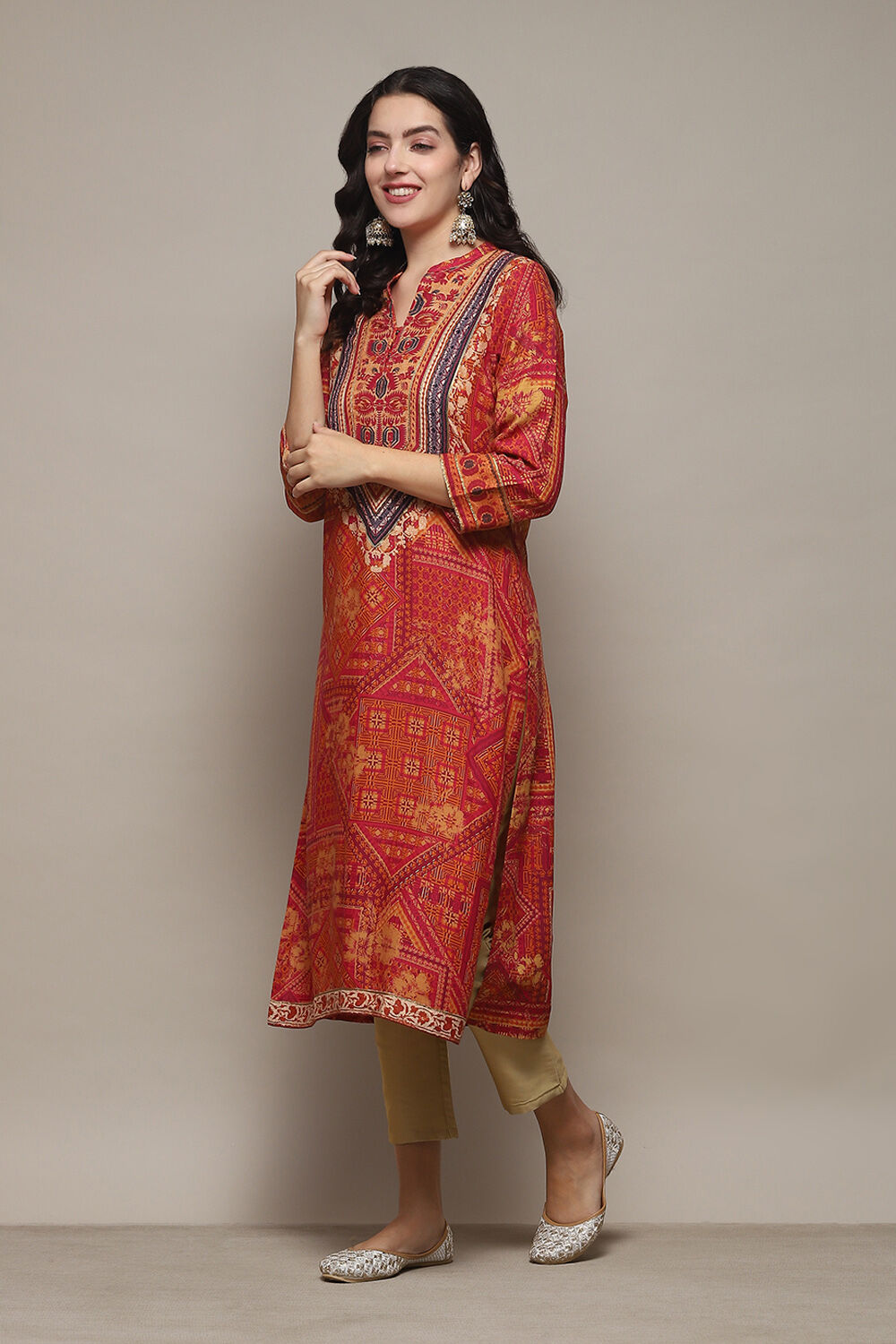 Red Printed Straight Kurta image number 2