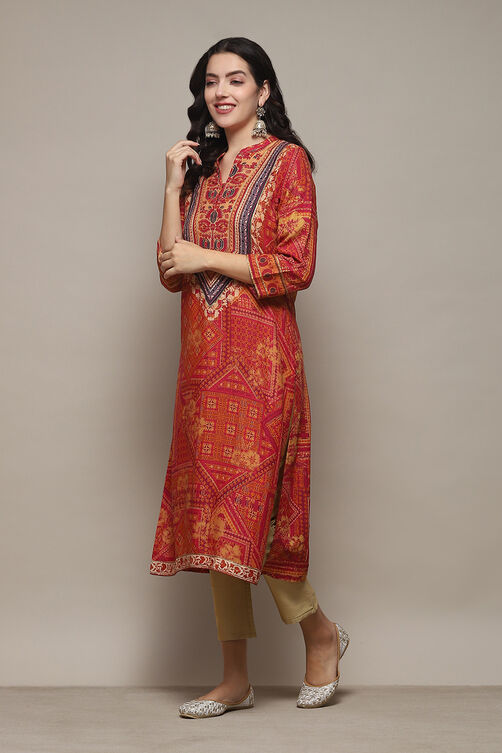 Red Printed Straight Kurta image number 2