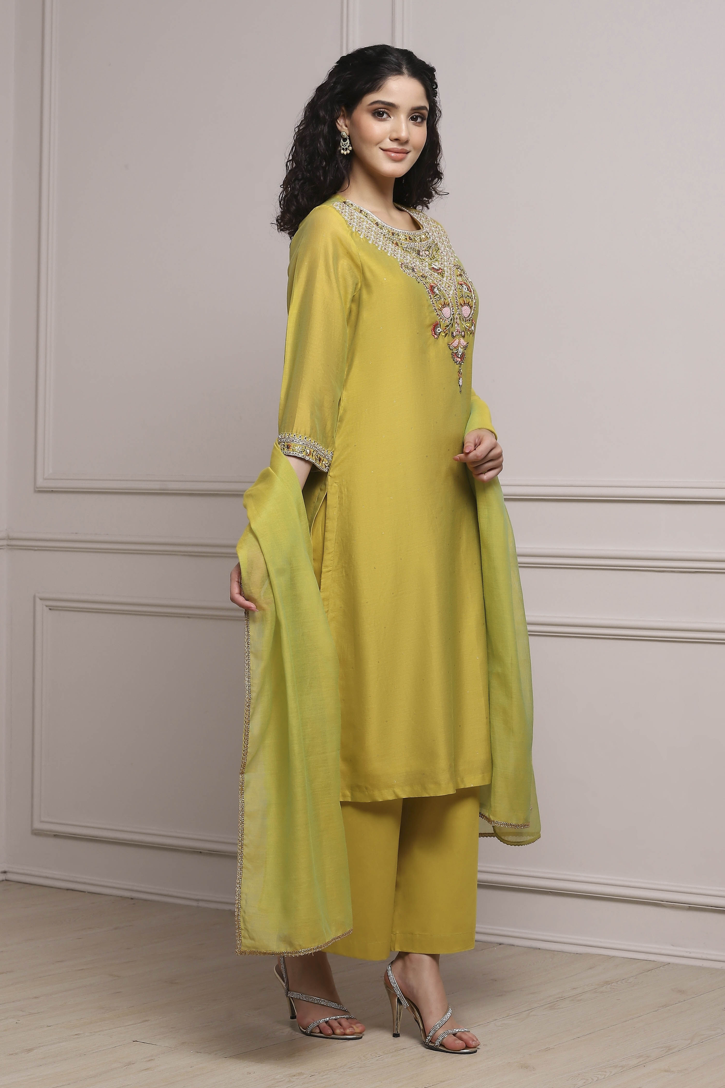 Lime Green Silk Chanderi Embroidered Dyed Straight Suit Set image number 5