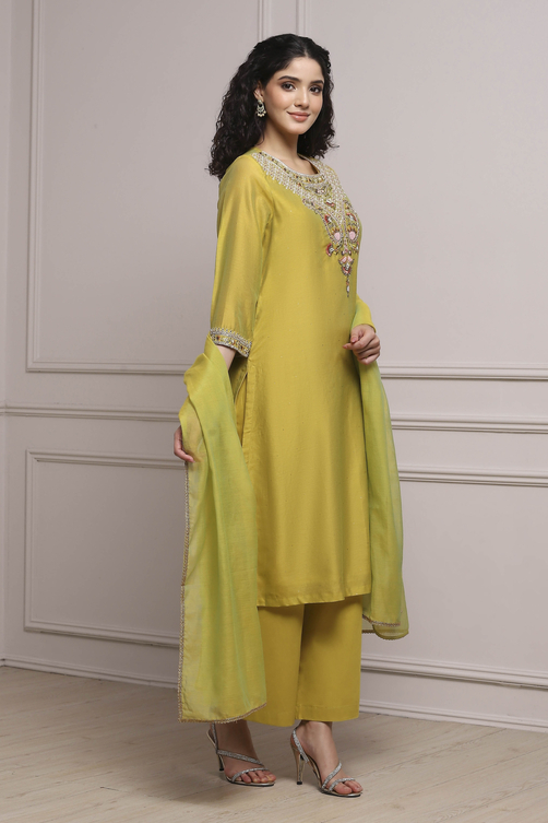 Lime Green Chanderi Straight Dyed Suit Set image number 5