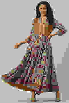 Ecru Rayon Flared Printed Dress image number 0