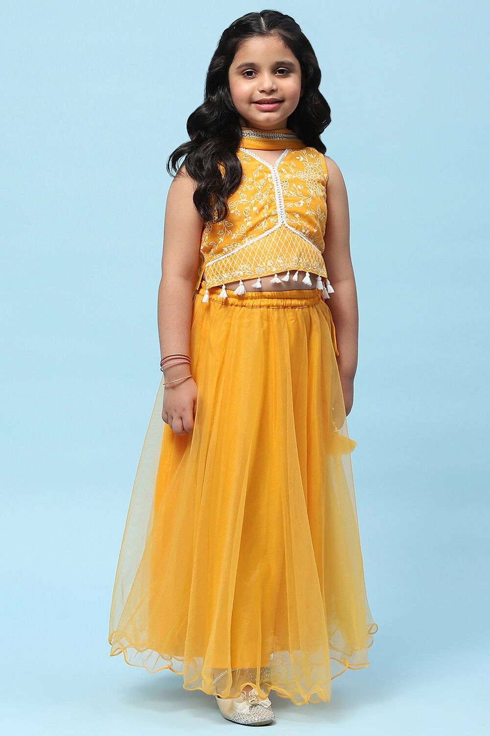 Yellow Poly Chanderi Printed Tasseled Lehenga Set image number 7