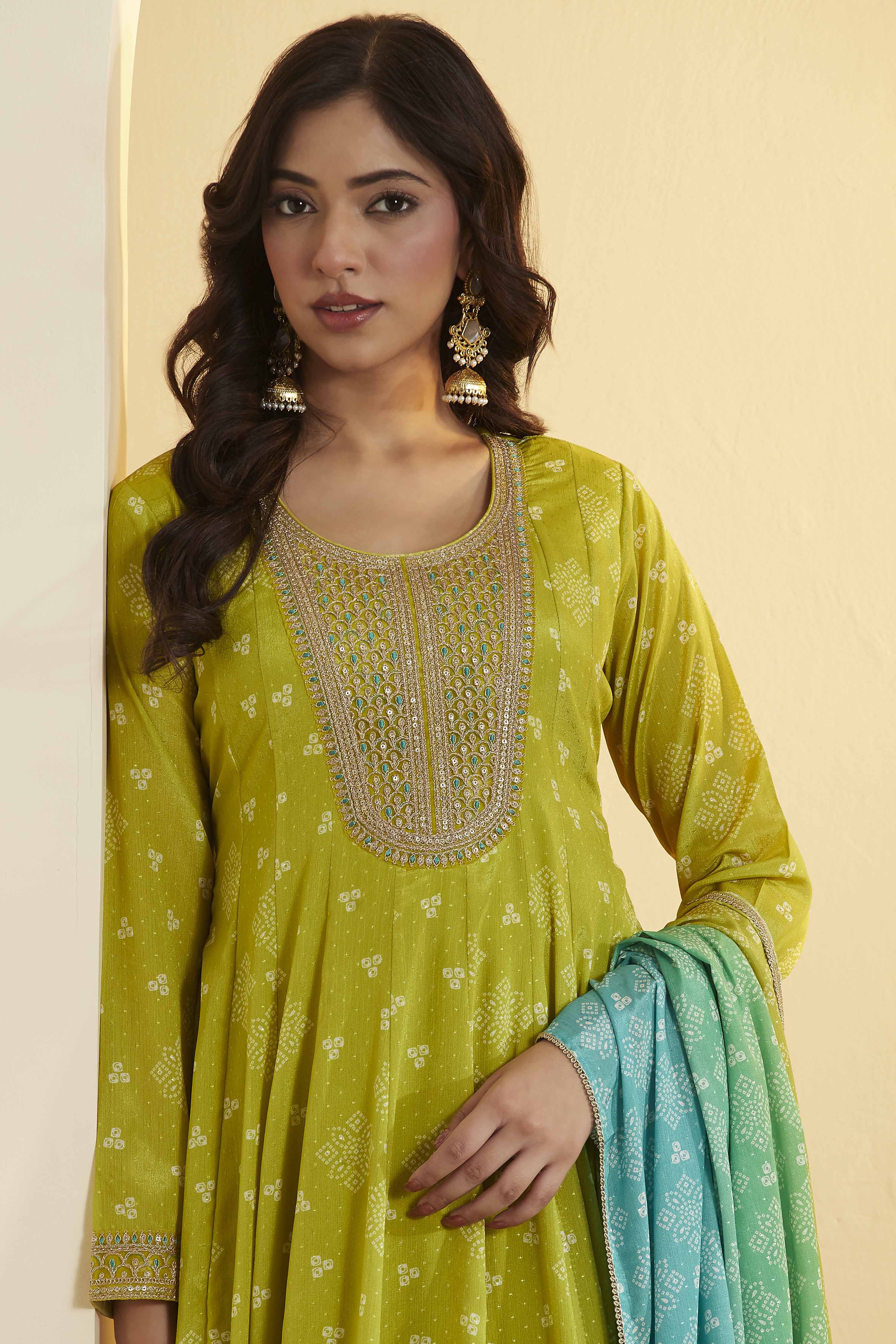 Llime Green Poly Chinnon Anarkali Suit Set image number 1