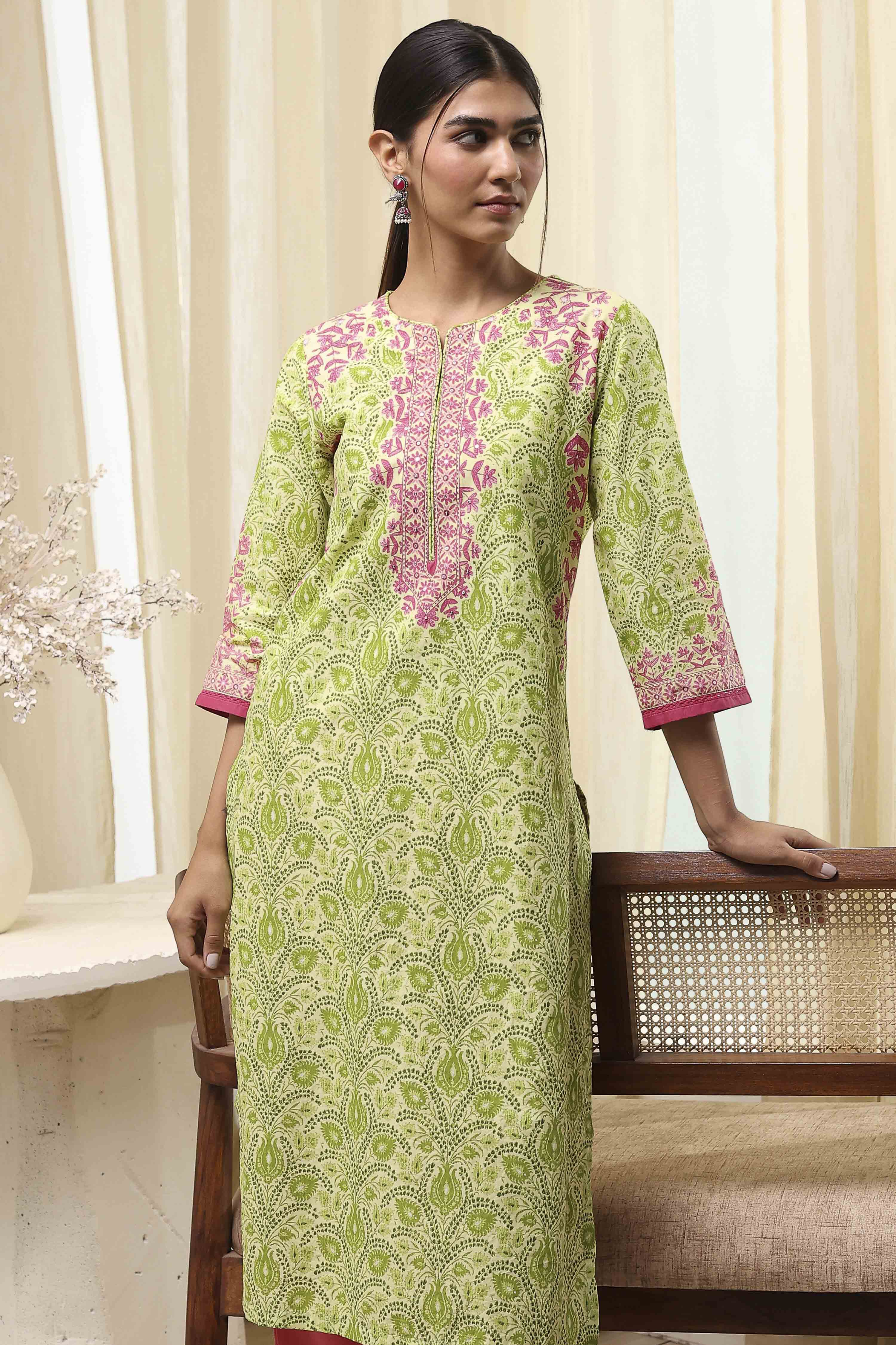 Green Cotton Printed Straight Kurta image number 5