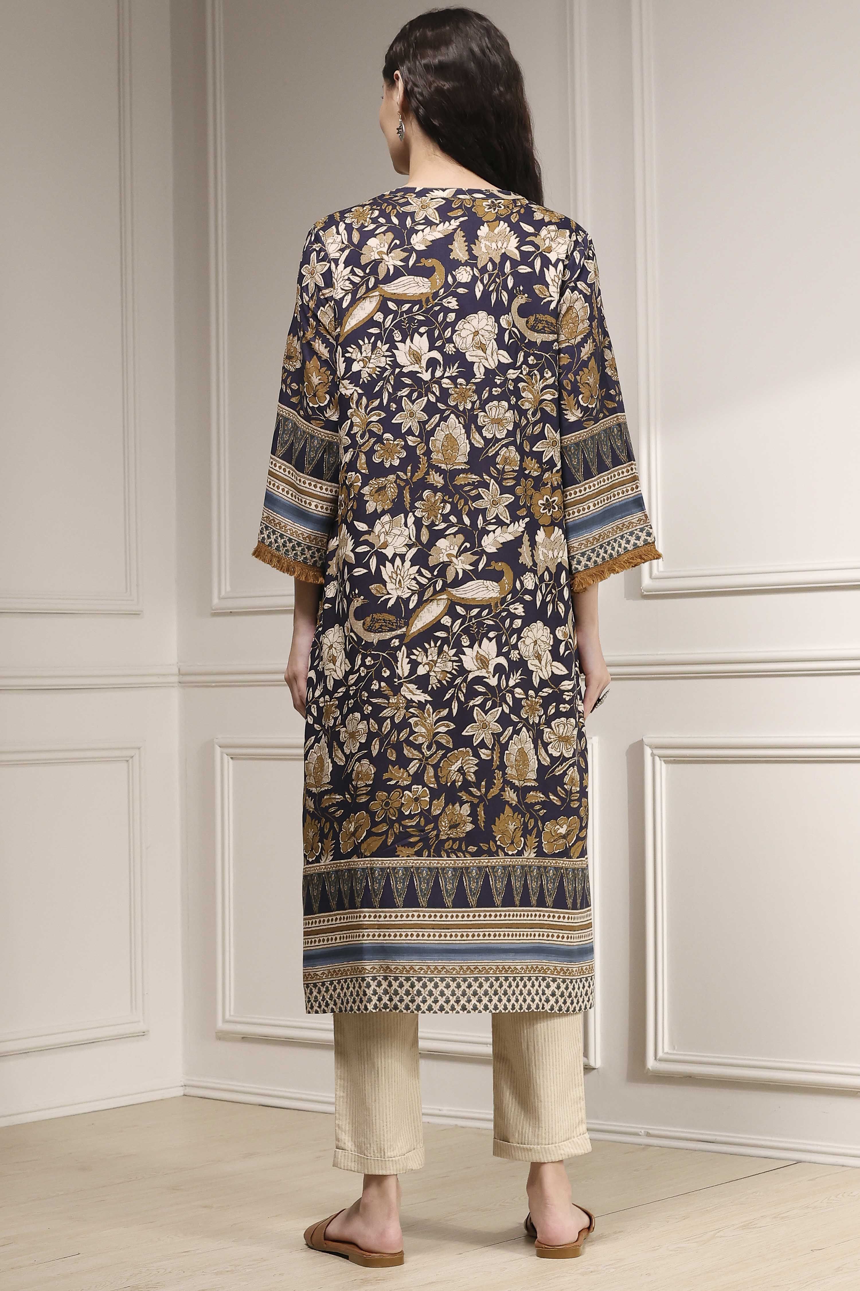 Navy Blue Printed Straight Kurta image number 3