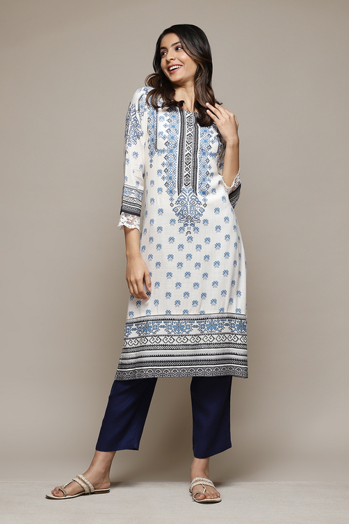 Blue LIVA Straight Printed Kurta image number 0