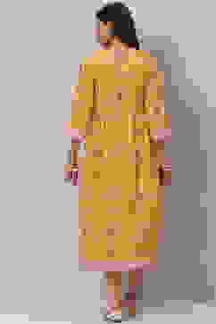 Mustard Cotton Flared Printed Kurta Dress With Shrug image number 4