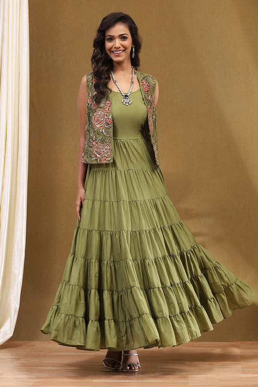 Green Georgette Festive Tiered Anarkali Dress image number 0