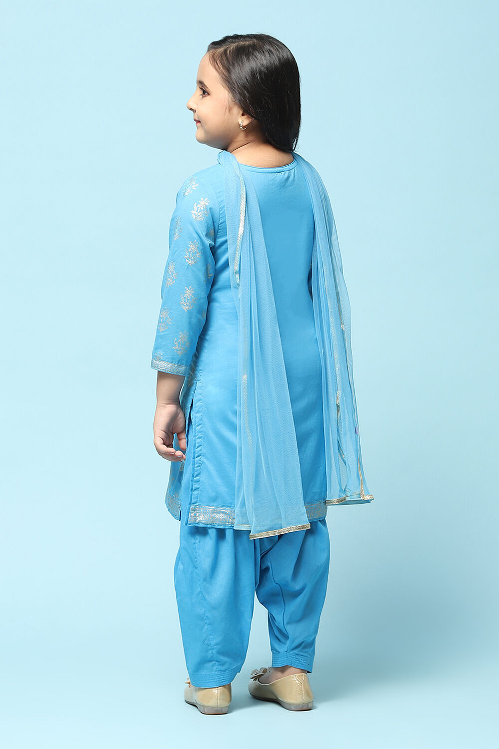 Turquoise Cotton Straight Printed Kurta Patiala Salwar Suit Set image number 5