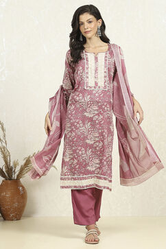Pink Cotton Floral Printed Unstitched Suit Set image number 1