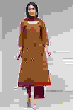 Red Cotton Screen Print Unstitched Suit Set image number 1