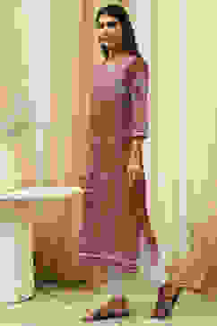 Rust Cotton Printed Straight Kurta image number 2