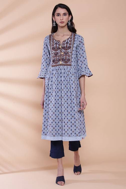 Blue Cotton A-line Printed Kurta image number 4