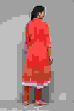 Coral Cotton Asymmetric Solid Kurta Churidar Suit Set image number 5