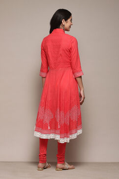Coral Cotton Asymmetric Solid Kurta Churidar Suit Set image number 5