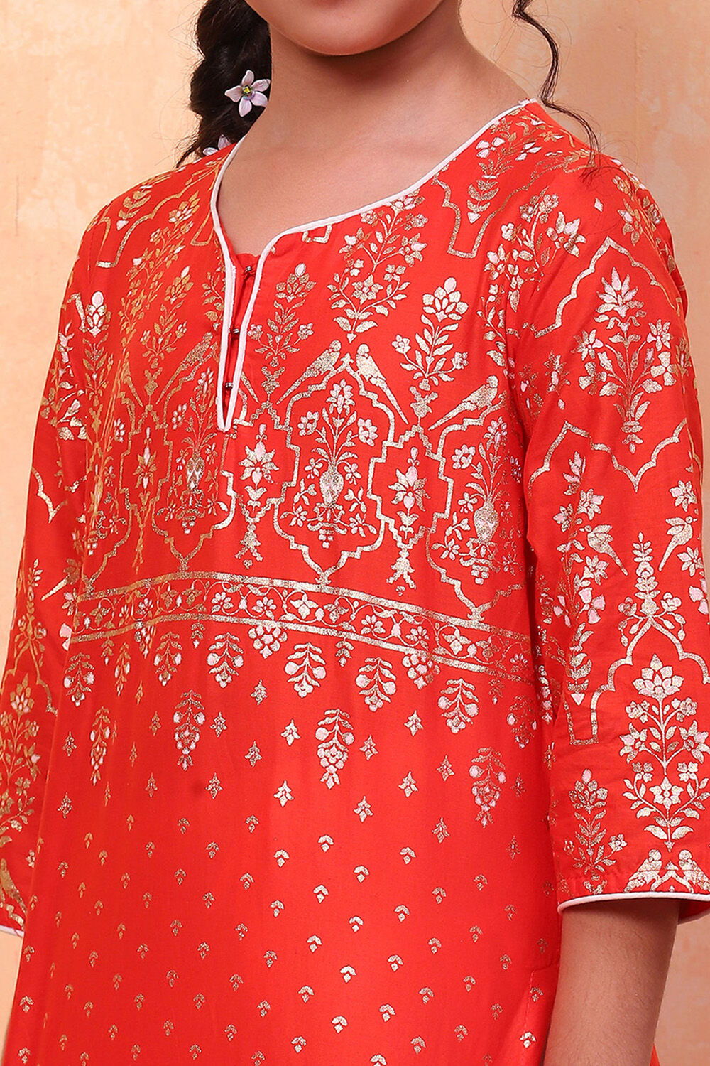 Orange and White Cotton Printed Straight Suit Set image number 1
